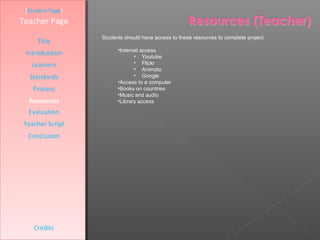 [Student Page]
Teacher Page
                  Students should have access to these resources to complete project
     Title
                        •Internet access
 Introduction                  • Youtube
   Learners                    • Flickr
                               • Animoto
  Standards                    • Google
                        •Access to a computer
   Process              •Books on countries
                        •Music and audio
  Resources             •Library access

  Evaluation
Teacher Script
  Conclusion




    Credits
 