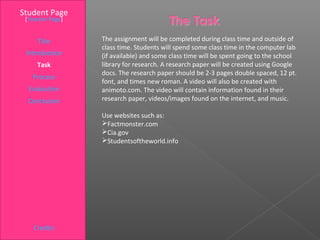 Student Page
 [Teacher Page]


     Title        The assignment will be completed during class time and outside of
                  class time. Students will spend some class time in the computer lab
 Introduction     (if available) and some class time will be spent going to the school
     Task         library for research. A research paper will be created using Google
                  docs. The research paper should be 2-3 pages double spaced, 12 pt.
   Process
                  font, and times new roman. A video will also be created with
  Evaluation      animoto.com. The video will contain information found in their
  Conclusion      research paper, videos/images found on the internet, and music.

                  Use websites such as:
                  Factmonster.com
                  Cia.gov
                  Studentsoftheworld.info




    Credits
 