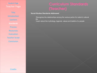 [Student Page]
Teacher Page

     Title        Social Studies Standards Addressed
 Introduction          •Recognize the relationships among the various parts of a nation's cultural
   Learners            life.
                       •Learn about the mythology, legends, values and beliefs of a people
  Standards
   Process
  Resources
  Evaluation
Teacher Script
  Conclusion




    Credits
 