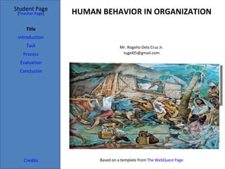 HUMAN BEHAVIOR IN ORGANIZATION Student Page Title Introduction Task Process Evaluation Conclusion Credits [ Teacher Page ] Mr. Rogelio Dela Cruz Jr. [email_address] Based on a template from  The WebQuest Page 