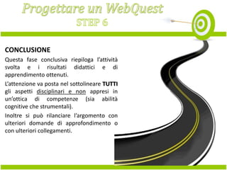 CONCLUSIONE
Questa fase conclusiva riepiloga l’attività
svolta e i risultati didattici e di
apprendimento ottenuti.
L’attenzione va posta nel sottolineare TUTTI
gli aspetti disciplinari e non appresi in
un’ottica di competenze (sia abilità
cognitive che strumentali).
Inoltre si può rilanciare l’argomento con
ulteriori domande di approfondimento o
con ulteriori collegamenti.

 