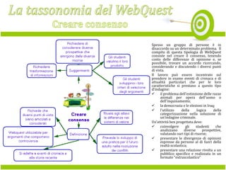 Spesso un gruppo di persone è in
disaccordo su un determinato problema. Il
compito di questa tipologia di WebQuest
consiste nel creare il consenso, tenendo
conto delle differenze di opinione e, se
possibile, trovare un accordo ricercando,
considerando e discutendo i diversi punti
di vista.
Il lavoro può essere incentrato sul
prendere in esame eventi di cronaca e di
attualità particolari che per le loro
caratteristiche si prestano a questo tipo
d'indagine:
 il problema dell'estinzione delle razze
animali per opera dell'uomo o
dell'inquinamento;
 la democrazia e le elezioni in Iraq;
 l'utilizzo
della
logica
della
categorizzazione nella soluzione di
un'indagine criminale.
Un'attività ben progettata deve:
 coinvolgere
gli
studenti
che
analizzano
diverse
prospettive,
valutando vari tipi di risorse;
 presentare le divergenze di opinioni
espresse da persone al di fuori della
realtà scolastica;
 presentare una relazione rivolta a un
pubblico specifico e realizzata in un
formato "extrascolastico"

 