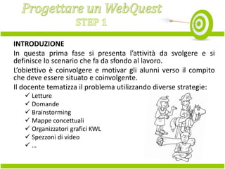 INTRODUZIONE
In questa prima fase si presenta l’attività da svolgere e si
definisce lo scenario che fa da sfondo al lavoro.
L’obiettivo è coinvolgere e motivar gli alunni verso il compito
che deve essere situato e coinvolgente.
Il docente tematizza il problema utilizzando diverse strategie:
 Letture
 Domande
 Brainstorming
 Mappe concettuali
 Organizzatori grafici KWL
 Spezzoni di video
…

 