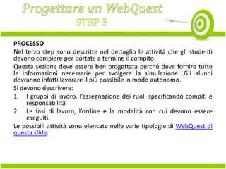 PROCESSO
Nel terzo step sono descritte nel dettaglio le attività che gli studenti
devono compiere per portate a termine il compito.
Questa sezione deve essere ben progettata perché deve fornire tutte
le informazioni necessarie per svolgere la simulazione. Gli alunni
dovranno infatti lavorare il più possibile in modo autonomo.
Si devono descrivere:
1. I gruppi di lavoro, l’assegnazione dei ruoli specificando compiti e
responsabilità
2. Le fasi di lavoro, l’ordine e la modalità con cui devono essere
eseguiti.
Le possibili attività sono elencate nelle varie tipologie di WebQuest di
questa slide.

 
