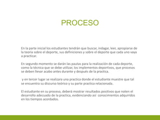 PROCESO
En la parte inicial los estudiantes tendrán que buscar, indagar, leer, apropiarse de
la teoría sobre el deporte, sus definiciones y sobre el deporte que cada uno vaya
a practicar.
En segundo momento se darán las pautas para la realización de cada deporte,
como la técnica que se debe utilizar, los implementos deportivos, que procesos
se deben llevar acabo antes durante y después de la practica.
y en tercer lugar se realizara una practica donde el estudiante muestre que tal
se encuentra su discurso teórico y su parte practica relacionada.
El estudiante en su proceso, deberá mostrar resultados positivos que noten el
desarrollo adecuado de la practica, evidenciando así conocimientos adquiridos
en los tiempos acordados.
 