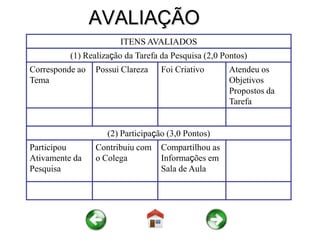 AVALIAÇÃO
                       ITENS AVALIADOS
          (1) Realização da Tarefa da Pesquisa (2,0 Pontos)
Corresponde ao   Possui Clareza    Foi Criativo       Atendeu os
Tema                                                  Objetivos
                                                      Propostos da
                                                      Tarefa


                    (2) Participação (3,0 Pontos)
Participou       Contribuiu com    Compartilhou as
Ativamente da    o Colega          Informações em
Pesquisa                           Sala de Aula
 