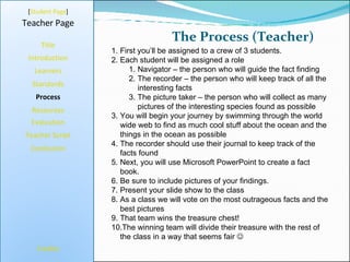 The Process (Teacher) [ Student Page ] Title Introduction Learners Standards Process Resources Credits Teacher Page First you’ll be assigned to a crew of 3 students. Each student will be assigned a role Navigator – the person who will guide the fact finding The recorder – the person who will keep track of all the interesting facts The picture taker – the person who will collect as many pictures of the interesting species found as possible You will begin your journey by swimming through the world wide web to find as much cool stuff about the ocean and the things in the ocean as possible The recorder should use their journal to keep track of the facts found Next, you will use Microsoft PowerPoint to create a fact book. Be sure to include pictures of your findings. Present your slide show to the class As a class we will vote on the most outrageous facts and the best pictures That team wins the treasure chest! The winning team will divide their treasure with the rest of the class in a way that seems fair   Evaluation Teacher Script Conclusion 