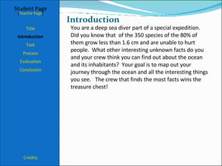 Introduction Student Page Title Introduction Task Process Evaluation Conclusion Credits [ Teacher Page ] You are a deep sea diver part of a special expedition.  Did you know that  of the 350 species of the 80% of them grow less than 1.6 cm and are unable to hurt people.  What other interesting unknown facts do you and your crew think you can find out about the ocean and its inhabitants?  Your goal is to map out your journey through the ocean and all the interesting things you see.  The crew that finds the most facts wins the treasure chest! 