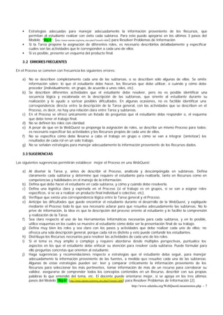 •   Estrategias adecuadas para manejar adecuadamente la información proveniente de los Recursos, que
        permitan al estudiante realizar con éxito cada subtarea. Para esto puede apoyarse en los últimos 3 pasos del
        Modelo “Big 6”. (http://www.eduteka.org/tema_mes.php3?TemaID=0009 ) para Resolver Problemas de Información
    •   Si la Tarea propone la asignación de diferentes roles, es necesario describirlos detalladamente y especificar
        cuáles son las actividades que le corresponden a cada uno de ellos.
    •   Si es posible, presente un esquema del producto final.

    3.2 ERRORES FRECUENTES

En el Proceso se cometen con frecuencia los siguientes errores:

    a) No se describen completamente cada una de las subtareas, o se describen sólo algunas de ellas. Se omite
       información sobre: lo que el estudiante debe hacer, los Recursos que debe utilizar, o cuándo y cómo debe
       proceder (individualmente, en grupo, de acuerdo a unos roles, etc).
    b) Se describen diferentes actividades que el estudiante debe resolver, pero no es posible identificar una
       secuencia lógica y escalonada en la descripción de las subtareas, que oriente al estudiante durante su
       realización y le ayude a sortear posibles dificultades. En algunas ocasiones, no es factible identificar una
       correspondencia directa entre la descripción de la Tarea general, con las actividades que se describen en el
       Proceso, es decir, no hay una relación clara entre Tarea y subtareas.
    c) En el Proceso se ofrece únicamente un listado de preguntas que el estudiante debe responder o, el esquema
       que debe tener el trabajo final.
    d) No se definen los roles con claridad.
    e) A pesar de que en la WebQuest se proponga la asignación de roles, se describe un mismo Proceso para todos;
       es necesario especificar las actividades y los Recursos propios de cada uno de ellos.
    f) No se especifica cómo debe llevarse a cabo el trabajo en grupo o cómo se van a integrar (sintetizar) los
       resultados de cada rol en un solo trabajo.
    g) No se señalan estrategias para manejar adecuadamente la información proveniente de los Recursos dados.

    3.3 SUGERENCIAS

Las siguientes sugerencias permitirán establecer mejor el Proceso en una WebQuest:

    a) Al diseñar la Tarea y, antes de describir el Proceso, analícela y descompóngala en subtareas. Defina
       claramente cada subtarea y determine qué requiere el estudiante para realizarla, tanto en Recursos como en
       competencias y habilidades en el manejo de la información.
    b) Defina qué debe hacer el estudiante en cada subtarea, y cómo y cuándo debe resolverla.
    c) Defina una logística clara y exprésela en el Proceso (si el trabajo es en grupos, si se van a asignar roles
       específicos, si se va a realizar un producto final individual o colectivo, etc).
    d) Verifique que exista una correspondencia lógica entre la Tarea general y el Proceso.
    e) Anticipe las dificultades que puede encontrar el estudiante durante el desarrollo de la WebQuest, y explíquele
       mediante el Proceso todo lo que sea necesario aclarar para que resuelva adecuadamente las subtareas. No lo
       prive de información, la idea es que la descripción del proceso oriente al estudiante y le facilite la comprensión
       y realización de la Tarea.
    f) Sea claro respecto al uso de las Herramientas Informáticas necesarias para cada subtarea, y en lo posible,
       utilice esquemas en los cuales se muestre al estudiante cómo debe ser la presentación final de su trabajo.
    g) Defina muy bien los roles y sea claro con los pasos y actividades que debe realizar cada uno de ellos; no
       ofrezca una sola descripción general, porque cada rol es distinto y esto puede confundir los estudiantes.
    h) Distribuya los Recursos necesarios para resolver las actividades de cada uno de los roles.
    i) Si el tema es muy amplio o complejo y requiere abordarse desde múltiples perspectivas, puntualice los
       aspectos en los que el estudiante debe enfocar su atención para resolver cada subtarea. Puede formular para
       ello preguntas concretas que orienten al estudiante.
    j) Haga sugerencias y recomendaciones respecto a estrategias que el estudiante deba seguir, para manejar
       adecuadamente la información proveniente de las fuentes, a medida que resuelve cada una de las subtareas.
       Algunas de estas estrategias pueden ser: leer y comparar críticamente la información proveniente de los
       Recursos para seleccionar los más pertinentes, tomar información de más de un recurso para corroborar su
       validez, asegurarse de comprender todos los conceptos contenidos en un Recurso, describir con sus propias
       palabras lo que entendió del tema, etc. El docente puede orientarse mejor, si se apoya en los tres últimos
       pasos del Modelo “Big 6” (http://www.eduteka.org/tema_mes.php3?TemaID=0009) para Resolver Problemas de Información [2].
                                                                            http://www.eduteka.org/WebQuestLineamientos.php - 7
 