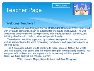 This web quest was designed  for our MEDA 5400 Course at ETSU to be used with 2 nd  grade standards. It can be adapted for first grade and beyond. The web quest uses comprehension strategies along with media, research, speaking, and listening standards to create a unit of independent study.  These lesson would be supported by modeled examples in the classroom as well as introduction to the word processing, vocabulary, and expectations prior to the web quest.  The 4 evaluation rubrics would combine to make  score of 100 on this whole unit. The student, their peers, and the teacher take part in the grading process.  As we give credit to those who were generous to us, we only ask that you do the same. We have enjoyed this magical journey.  With Love and Magic, Krista Linkous and Sara Musgrove Teacher Page Resources Welcome Teachers ! 