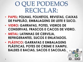 O QUE PODEMOS
        RECICLAR:
• PAPEL: FOLHAS, FOLHETOS, REVISTAS, CAIXAS
  DE PAPELÃO, EMBALAGENS DE LEITE E SUCO.
• VIDRO: GARRAFAS, POTES, VIDROS DE
  CONSERVAS, FRASCOS E CACOS DE VIDRO.
• METAL: LATINHAS DE CERVEJA,
  REFRIGERANTES, SUCOS E ENLATADOS.
• PLÁSTICO: GARRAFAS E EMBALAGENS
  PLÁSTICAS, POTES DE CREME E XAMPU,
  BALDES E BACIAS, SACOS E SACOLAS.
 