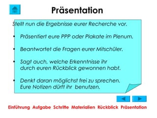 Präsentation
 Stellt nun die Ergebnisse eurer Recherche vor.

 • Präsentiert eure PPP oder Plakate im Plenum.

 • Beantwortet die Fragen eurer Mitschüler.

 • Sagt auch, welche Erkenntnisse ihr
   durch euren Rückblick gewonnen habt.

 • Denkt daran möglichst frei zu sprechen.
   Eure Notizen dürft ihr benutzen.


Einführung Aufgabe Schritte Materialien Rückblick Präsentation
 