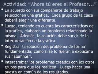 Actividad: “Ahora tú eres el Profesor...”
• En acuerdo con sus compañeros de trabajo
    seleccionen una gráfica. Cada grupo de la clase
    deberá elegir una diferente.
•   Luego, teniendo en cuenta las características de
    la gráfica, elaboren un problema relacionado la
    misma. Además, la solución debe surgir de la
    interpretación de la gráfica.
•   Registrar la solución del problema de forma
    fundamentada, como si se lo fueran a explicar a
    sus “alumnos”.
•   Intercambiar los problemas creados con los otros
    grupos para que los realicen. Luego hacer una
    puesta en común de los resultados.
 