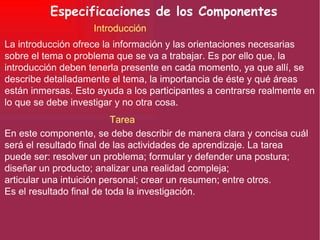 Especificaciones de los Componentes Introducción La introducción ofrece la información y las orientaciones necesarias sobre el tema o problema que se va a trabajar. Es por ello que, la introducción deben tenerla presente en cada momento, ya que allí, se describe detalladamente el tema, la importancia de éste y qué áreas están inmersas. Esto ayuda a los participantes a centrarse realmente en lo que se debe investigar y no otra cosa. En este componente, se debe describir de manera clara y concisa cuál será el resultado final de las actividades de aprendizaje. La tarea puede ser: resolver un problema; formular y defender una postura; diseñar un producto; analizar una realidad compleja;  articular una intuición personal; crear un resumen; entre otros. Es el resultado final de toda la investigación. Tarea 