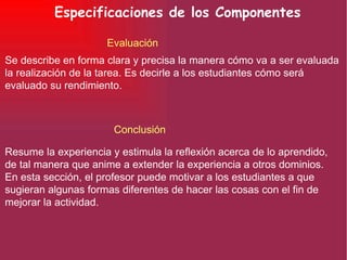 Especificaciones de los Componentes Resume la experiencia y estimula la reflexión acerca de lo aprendido, de tal manera que anime a extender la experiencia a otros dominios. En esta sección, el profesor puede motivar a los estudiantes a que sugieran algunas formas diferentes de hacer las cosas con el fin de mejorar la actividad.   Conclusión Evaluación Se describe en forma clara y precisa la manera cómo va a ser evaluada la realización de la tarea. Es decirle a los estudiantes cómo será evaluado su rendimiento. 