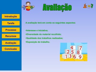 Introdução

  Tarefa     A avaliação terá em conta os seguintes aspectos:


Processo     Interesse e iniciativa;
             Diversidade do material recolhido;
Recursos
             Qualidade dos trabalhos realizados;

Avaliação    Exposição do trabalho.


Conclusão
 