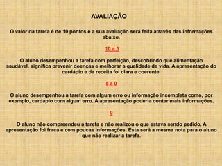 AVALIAÇÃO

 O valor da tarefa é de 10 pontos e a sua avaliação será feita através das informações
                                        abaixo.

                                        10 a 5

     O aluno desempenhou a tarefa com perfeição, descobrindo que alimentação
saudável, significa prevenir doenças e melhorar a qualidade de vida. A apresentação do
                        cardápio e da receita foi clara e coerente.

                                         5a0

 O aluno desempenhou a tarefa com algum erro ou informação incompleta como, por
 exemplo, cardápio com algum erro. A apresentação poderia conter mais informações.

                                          0

    O aluno não compreendeu a tarefa e não realizou o que estava sendo pedido. A
apresentação foi fraca e com poucas informações. Esta será a mesma nota para o aluno
                               que não realizar a tarefa.
 