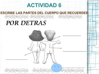 ACTIVIDAD 6
ESCRIBE LAS PARTES DEL CUERPO QUE RECUERDES
 