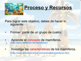 Proceso y Recursos Para lograr este objetivo, debes de hacer lo siguiente:  Formar  parte de un grupo de cuatro.  Aprende el  concepto  de mamíferos.  (http://www.definicion.de/mamiferos/)   Investiga las  características  de los mamíferos.  ( http://www.botanical-online.com/animales/mamiferos.htm)   