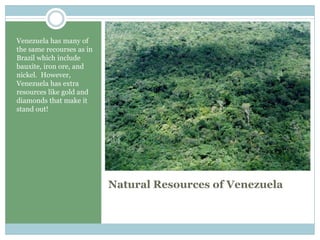 Natural Resources of Venezuela  Venezuela has many of the same recourses as in Brazil which include bauxite, iron ore, and nickel.  However,  Venezuela has extra resources like gold and diamonds that make it stand out!