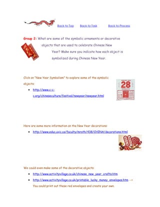 Back to Top     Back to Task         Back to Process



Group 2: What are some of the symbolic ornaments or decorative

             objects that are used to celebrate Chinese New

                    Year? Make sure you indicate how each object is

                    symbolized during Chinese New Year.




Click on “New Year Symbolism” to explore some of the symbolic

objects:

   •   http://www.c-c-

       c.org/chineseculture/festival/newyear/newyear.html




Here are some more information on the New Year decorations:

   •   http://www.educ.uvic.ca/faculty/mroth/438/CHINA/decorations.html




We could even make some of the decorative objects:

   •   http://www.activityvillage.co.uk/chinese_new_year_crafts.htm

   •   http://www.activityvillage.co.uk/printable_lucky_money_envelopes.htm -->

       You could print out these red envelopes and create your own.
 