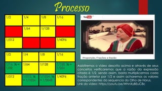 Processo
Assistiremos o vídeo descrito acima e através de seus
conceitos verificaremos que a razão da expressão
citada é 1/2, sendo assim, basta multiplicarmos cada
fração anterior por 1/2 e assim acharemos os valores
correspondentes da sequencia do Olho de Horus,
Link do vídeo: https://youtu.be/WhnXyBEuC8c
 