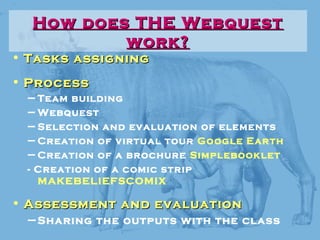 How does THE WebquestHow does THE Webquest
work?work?
• Tasks assigningTasks assigning
• ProcessProcess
– Team building
– Webquest
– Selection and evaluation of elements
– Creation of virtual tour Google Earth
– Creation of a brochure Simplebooklet
- Creation of a comic strip
MAKEBELIEFSCOMIX
• Assessment and evaluationAssessment and evaluation
– Sharing the outputs with the class
 