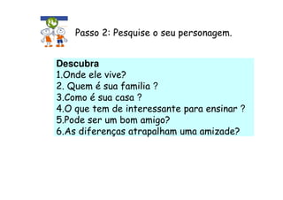 Passo 2: Pesquise o seu personagem.


Descubra
1.Onde ele vive?
2. Quem é sua familia ?
3.Como é sua casa ?
4.O que tem de interessante para ensinar ?
5.Pode ser um bom amigo?
6.As diferenças atrapalham uma amizade?
 