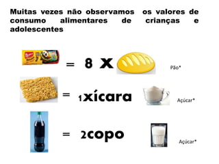 = 8 x
=
2copo
Açúcar*
Pão*
Muitas vezes não observamos os valores de
consumo alimentares de crianças e
adolescentes
1xícara
= Açúcar*
 