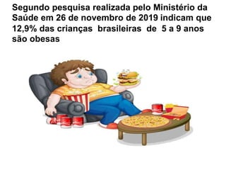 Segundo pesquisa realizada pelo Ministério da
Saúde em 26 de novembro de 2019 indicam que
12,9% das crianças brasileiras de 5 a 9 anos
são obesas
 