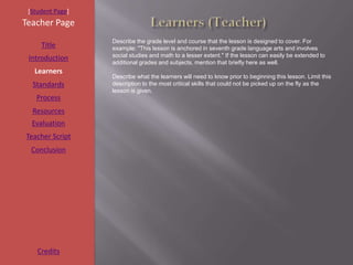 [Student Page]
Teacher Page
                  Describe the grade level and course that the lesson is designed to cover. For
     Title        example: "This lesson is anchored in seventh grade language arts and involves
                  social studies and math to a lesser extent." If the lesson can easily be extended to
 Introduction
                  additional grades and subjects, mention that briefly here as well.
   Learners
                  Describe what the learners will need to know prior to beginning this lesson. Limit this
  Standards       description to the most critical skills that could not be picked up on the fly as the
                  lesson is given.
   Process
  Resources
  Evaluation
Teacher Script
  Conclusion




    Credits
 