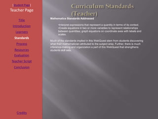 [Student Page]
Teacher Page
                  Mathematics Standards Addressed
     Title
                        •Interpret expressions that represent a quantity in terms of its context.
 Introduction
                        •Create equations in two or more variables to represent relationships
   Learners             between quantities; graph equations on coordinate axes with labels and
                        scales.
  Standards
                  Much of the standards implied in this WebQuest stem from students discovering
   Process        what their mathematician attributed to the subject area. Further, there is much
                  inference-making and organization a part of this WebQuest that strengthens
  Resources       students skill sets.
  Evaluation
Teacher Script
  Conclusion




    Credits
 