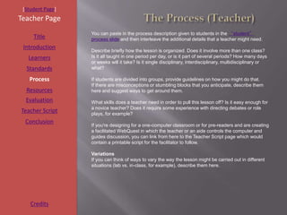 [Student Page]
Teacher Page
                  You can paste in the process description given to students in the “student”
     Title        process slide and then interleave the additional details that a teacher might need.
 Introduction
                  Describe briefly how the lesson is organized. Does it involve more than one class?
   Learners       Is it all taught in one period per day, or is it part of several periods? How many days
                  or weeks will it take? Is it single disciplinary, interdisciplinary, multidisciplinary or
  Standards       what?

   Process        If students are divided into groups, provide guidelines on how you might do that.
                  If there are misconceptions or stumbling blocks that you anticipate, describe them
  Resources       here and suggest ways to get around them.
  Evaluation      What skills does a teacher need in order to pull this lesson off? Is it easy enough for
                  a novice teacher? Does it require some experience with directing debates or role
Teacher Script    plays, for example?
  Conclusion
                  If you're designing for a one-computer classroom or for pre-readers and are creating
                  a facilitated WebQuest in which the teacher or an aide controls the computer and
                  guides discussion, you can link from here to the Teacher Script page which would
                  contain a printable script for the facilitator to follow.

                  Variations
                  If you can think of ways to vary the way the lesson might be carried out in different
                  situations (lab vs. in-class, for example), describe them here.




    Credits
 