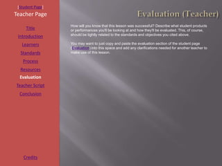 [Student Page]
Teacher Page
                  How will you know that this lesson was successful? Describe what student products
     Title        or performances you'll be looking at and how they'll be evaluated. This, of course,
                  should be tightly related to the standards and objectives you cited above.
 Introduction
   Learners       You may want to just copy and paste the evaluation section of the student page
                  (Evaluation) into this space and add any clarifications needed for another teacher to
  Standards       make use of this lesson.

   Process
  Resources
  Evaluation
Teacher Script
  Conclusion




    Credits
 