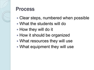 ProcessClear steps, numbered when possibleWhat the students will doHow they will do itHow it should be organizedWhat resources they will useWhat equipment they will use