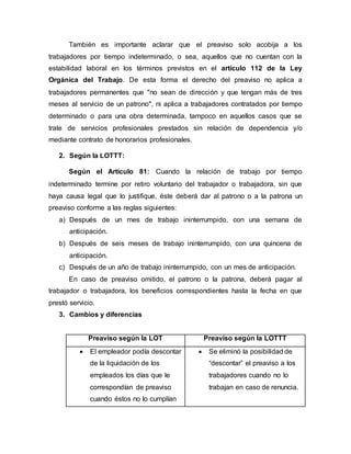 También es importante aclarar que el preaviso solo acobija a los
trabajadores por tiempo indeterminado, o sea, aquellos que no cuentan con la
estabilidad laboral en los términos previstos en el artículo 112 de la Ley
Orgánica del Trabajo. De esta forma el derecho del preaviso no aplica a
trabajadores permanentes que "no sean de dirección y que tengan más de tres
meses al servicio de un patrono", ni aplica a trabajadores contratados por tiempo
determinado o para una obra determinada, tampoco en aquellos casos que se
trate de servicios profesionales prestados sin relación de dependencia y/o
mediante contrato de honorarios profesionales.
2. Según la LOTTT:
Según el Artículo 81: Cuando la relación de trabajo por tiempo
indeterminado termine por retiro voluntario del trabajador o trabajadora, sin que
haya causa legal que lo justifique, éste deberá dar al patrono o a la patrona un
preaviso conforme a las reglas siguientes:
a) Después de un mes de trabajo ininterrumpido, con una semana de
anticipación.
b) Después de seis meses de trabajo ininterrumpido, con una quincena de
anticipación.
c) Después de un año de trabajo ininterrumpido, con un mes de anticipación.
En caso de preaviso omitido, el patrono o la patrona, deberá pagar al
trabajador o trabajadora, los beneficios correspondientes hasta la fecha en que
prestó servicio.
3. Cambios y diferencias
Preaviso según la LOT Preaviso según la LOTTT
 El empleador podía descontar
de la liquidación de los
empleados los días que le
correspondían de preaviso
cuando éstos no lo cumplían
 Se eliminó la posibilidad de
“descontar” el preaviso a los
trabajadores cuando no lo
trabajan en caso de renuncia.
 