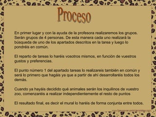 En primer lugar y con la ayuda de la profesora realizaremos los grupos. Serán grupos de 4 personas. De esta manera cada uno realizará la búsqueda de uno de los apartados descritos en la tarea y luego lo pondréis en común.  El reparto de tareas lo haréis vosotros mismos, en función de vuestros gustos y preferencias. El punto número 1 del apartado tareas lo realizareis también en común y será lo primero que hagáis ya que a partir de ahí desarrollaréis todos los demás. Cuando ya hayáis decidido qué animales serán los inquilinos de vuestro zoo, comenzaréis a realizar independientemente el resto de puntos  El resultado final, es decir el mural lo haréis de forma conjunta entre todos. Proceso 