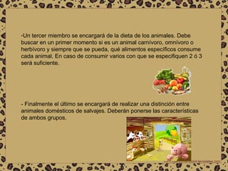 Un tercer miembro se encargará de la dieta de los animales. Debe buscar en un primer momento si es un animal carnívoro, omnívoro o herbívoro y siempre que se pueda, qué alimentos específicos consume cada animal. En caso de consumir varios con que se especifiquen 2 ó 3 será suficiente. - Finalmente el último se encargará de realizar una distinción entre animales domésticos de salvajes. Deberán ponerse las características de ambos grupos. 