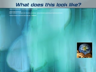 What does this look like?
• Student-Guided Discoveries – teacher becomes the “Guide on the Side”

• Inquiry is built into daily plan-
"Inquiry" is defined as "a seeking for truth, information, or knowledge -- seeking information by questioning and synthesizing information."

• Training of students in Performance-based Tasks like …WEBQUESTS
 