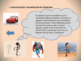 1. IDENTIFICACION Y DELIMITACION DEL PROBLEMA



                           Ya sabemos cual es el problema y/o la
                           necesidad. Debemos diseñar y construir un
                           juguete electromecánico que se desplace
                           de forma terrestre. Ahora debemos pensar
                           que forma le vamos a dar a nuestro
                           juguete, puede ser de la forma de un
                           animal o de un personaje como cars, el
                           Baquero de toy story, o superman¡
 