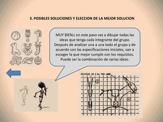 3. POSIBLES SOLUCIONES Y ELECCION DE LA MEJOR SOLUCION



             MUY BIEN¡¡ en este paso vas a dibujar todas las
               ideas que tenga cada integrante del grupo.
            Después de analizar una a una todo el grupo y de
             acuerdo con las especificaciones iníciales, van a
             escoger la que mejor cumple con los requisitos.
                Puede ser la combinación de varias ideas.
 