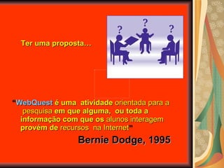 “ WebQuest  é uma  atividade  orientada   para a  pesquisa  em que alguma,  ou toda a informação com que os  alunos interagem  provém de  recursos  na Internet ” Bernie Dodge, 1995 Ter uma proposta… 