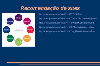 Recomendação de sites http://www.youtube.com/watch?v=A2X7zOH-RvU http://www.youtube.com/watch?v=wXFNS9z3HAk&feature=related http://www.youtube.com/watch?v=N-ovXlzstOI&feature=related http://www.youtube.com/watch?v=4XfvPB6bIsg&feature=related http://www.youtube.com/watch?v=ltD7A_Mhwt8&feature=related 
