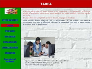 TAREA

                El equipo debe crear un video a base de un PowerPoint. Con imágenes y textos que
                inviten a la reflexión sobre el uso responsable de las redes sociales, y con una música
                de fondo.
                El video debe ser compartido a través de una fanpage en facebook.
INTRODUCCIÓN    Cada equipo estará integrado por 5 estudiantes, de los cuales: uno será el
                coordinador, otro será el secretario, otro será el moderador, otro será el apoyo técnico
                y el quinto será el presentador.
   TAREA


  PROCESO


 RECURSOS


 EVALUACIÓN


CONCLUSIONES


  CREDITOS


 Guía para el
  profesor        http://us.123rf.com/400wm/400/400/moodboard/moodboard0811/
                  moodboard081101429/3812007-profesor-ayudando-a-dos-
                  estudiantes-trabajando-en-equipo-aula.jpg
 