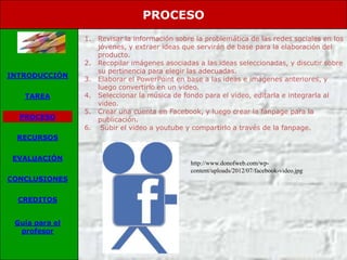 PROCESO
                1. Revisar la información sobre la problemática de las redes sociales en los
                   jóvenes, y extraer ideas que servirán de base para la elaboración del
                   producto.
                2. Recopilar imágenes asociadas a las ideas seleccionadas, y discutir sobre
                   su pertinencia para elegir las adecuadas.
INTRODUCCIÓN
                3. Elaborar el PowerPoint en base a las ideas e imágenes anteriores, y
                   luego convertirlo en un video.
   TAREA        4. Seleccionar la música de fondo para el video, editarla e integrarla al
                   video.
                5. Crear una cuenta en Facebook, y luego crear la fanpage para la
  PROCESO          publicación.
                6. Subir el video a youtube y compartirlo a través de la fanpage.
 RECURSOS


 EVALUACIÓN
                                               http://www.donofweb.com/wp-
                                               content/uploads/2012/07/facebook-video.jpg
CONCLUSIONES


  CREDITOS


 Guía para el
  profesor
 