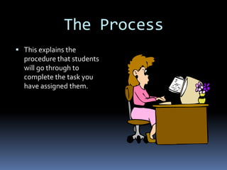 The Process
 This explains the
  procedure that students
  will go through to
  complete the task you
  have assigned them.
 