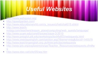 Useful Websites
•   http://www.webquest.org/
•   http://questgarden.com/
•   http://www.educationworld.com/a_issues/chat/chat015.shtml
•   http://www.teach-
    nology.com/teachers/lesson_plans/computing/web_quests/language/
•   http://www.ucam.edu/corell/issues/issue-3-2010
•   http://www.polyglot.pitt.edu/workshops/techfall03/webquests.html
•   http://www.onestopenglish.com/section.asp?theme=mag&docid=145579
•   http://www.teachingenglish.org.uk/think/articles/webquests
•   http://www.iptv.org/exploremore/ge/Teacher_Resources/webquests.cfm#w
    q
•   http://www.xtec.cat/crle/05/wq.htm
 