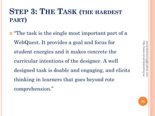 STEP 3: THE TASK (THE HARDEST
PART)
 “The task is the single most important part of a
WebQuest. It provides a goal and focus for
student energies and it makes concrete the
curricular intentions of the designer. A well
designed task is doable and engaging, and elicits
thinking in learners that goes beyond rote
comprehension.”
cervantestraining@outlook.com
http://www.cervantestraining.eu
25
 