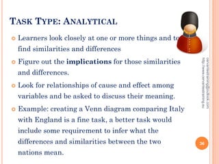 TASK TYPE: ANALYTICAL
 Learners look closely at one or more things and to
find similarities and differences
 Figure out the implications for those similarities
and differences.
 Look for relationships of cause and effect among
variables and be asked to discuss their meaning.
 Example: creating a Venn diagram comparing Italy
with England is a fine task, a better task would
include some requirement to infer what the
differences and similarities between the two
nations mean.
cervantestraining@outlook.com
http://www.cervantestraining.eu
36
 