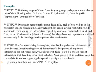 Example:
**STEP 1** Get into groups of three. Once in your group, each person must choose
one of the following roles : Volcano Expert, Eruption Alerter, Facts Boy/Girl
(depending on your gender of course)
**STEP 2** Once each person in the group has a role, each of you will go to the
computer lab and research the assigned questions given to your particular role. In
addition to researching the information regarding your role, each student must find
five pieces of information (about volcanoes) that they think are important and would
be most helpful in teaching another person about volcanoes.
**STEP 3** After researching is complete, meet back together and share each of
your findings. After hearing each of the member's five pieces of important
information (about volcanoes), your group will decide on the top ten pieces of
information that they find to be most valuable. Your group will, in addition, keep the
research information regarding the questions assigned to each role.
 http://www.teacherweb.com/IN/PNC/Taylor/
cervantestraining@outlook.com
http://www.cervantestraining.eu
54
 
